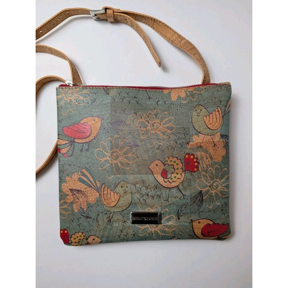 Bent & Bree Ivy Cork Crossbody Bag Eco Friendly Vegan Bird Print Purse Green